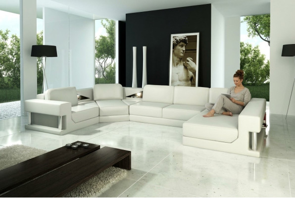 Narożnikowa kanapa Nowoczesna Skóra Sofa Żywy krajobraz + USB Podkładka Zestaw narożny Design Couch