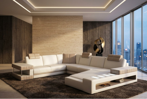 Narożnikowa kanapa z LED & USB Żywy krajobraz Sofa Podkładka Couch Ustawić U Form Skóra