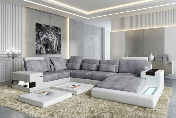 Skóra U Shape Żywy krajobraz Podkładka Corner Couch Couch z USB Skóra Sofa Narożnikowa kanapa