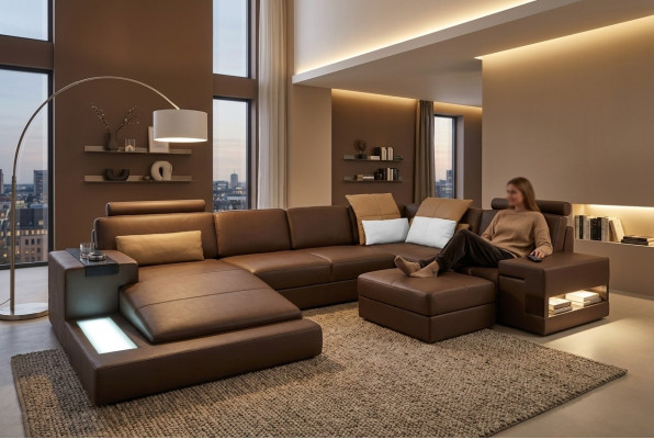 Skórzana sofa LED + USB Narożnikowa kanapa Sofa Couch Podkładka Bellini Big Żywy krajobraz Sofas