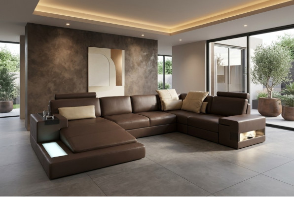 Skórzana sofa LED + USB Narożnikowa kanapa Sofa Couch Podkładka Bellini Big Żywy krajobraz Sofas