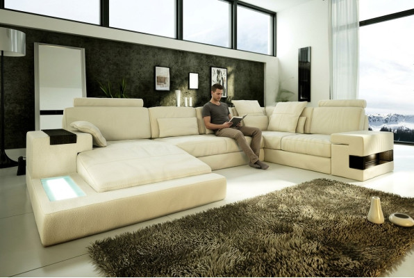 Sofa skórzana Sofa USB Design Sofa U Shape Żywy krajobraz Couch Podkładka Narożnikowa kanapa New LED