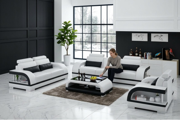 Designerski Zestaw sofowy skórzany komplet wypoczynkowy 3+2+1 z USB Ustawić sofę kanapową Nowy Biały