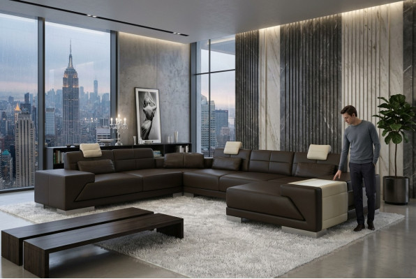 Salon U Shape Narożnikowa kanapa z USB Design Sofa Kanapa Podkładka Ustawić Narożnik Brązowy
