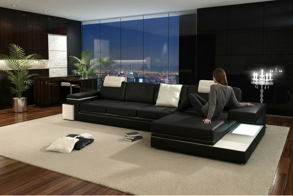 Skórzana sofa z USB Żywy krajobraz XXL Narożnikowa kanapa Bigsofa Design Couch Designerska sofa