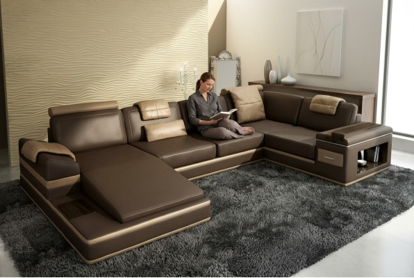 Narożnikowa kanapa Sofa USB + LED Żywy krajobraz U Form Podkładka Couch Sofa skórzana Materiał Skóra