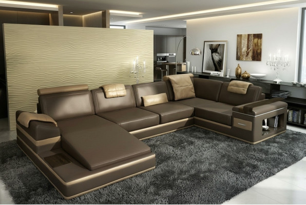 Narożnikowa kanapa Sofa USB + LED Żywy krajobraz U Form Podkładka Couch Sofa skórzana Materiał Skóra