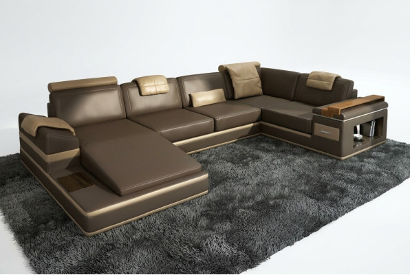 Narożnikowa kanapa Sofa USB + LED Żywy krajobraz U Form Podkładka Couch Sofa skórzana Materiał Skóra