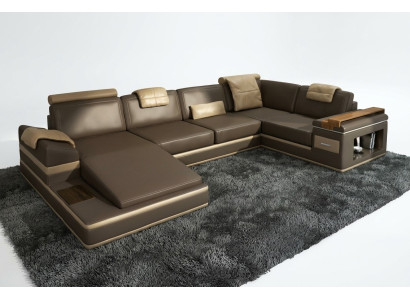 Narożnikowa kanapa Sofa USB + LED Żywy krajobraz U Form Podkładka Couch Sofa skórzana Materiał Skóra