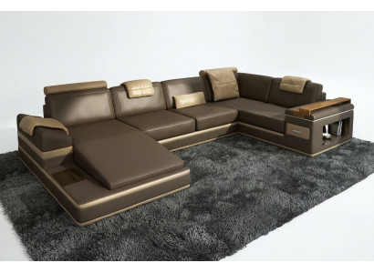 Narożnikowa kanapa Sofa USB + LED Żywy krajobraz U Form Podkładka Couch Sofa skórzana Materiał Skóra