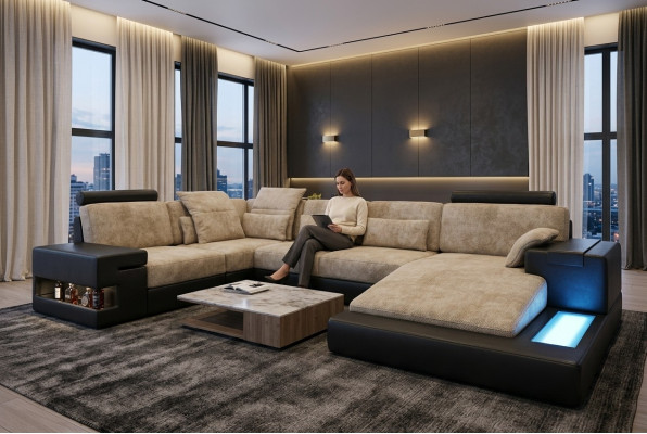 Narożnikowa kanapa Sofa Żywy krajobraz U Form Podkładka Couch Sofa skórzana Materiał Skóra USB + LED