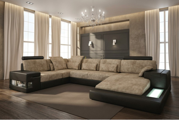 Narożnikowa kanapa Sofa Żywy krajobraz U Form Podkładka Couch Sofa skórzana Materiał Skóra USB + LED