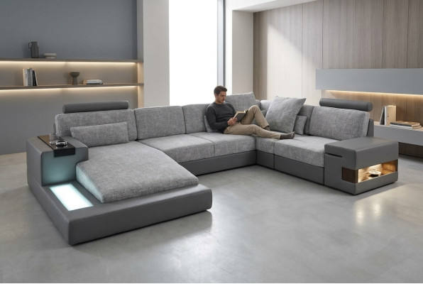 Narożnikowa kanapa Żywy krajobraz U Shape Sofa skórzana Sofa Podkładka Couch Materiał Skóra USB + LED