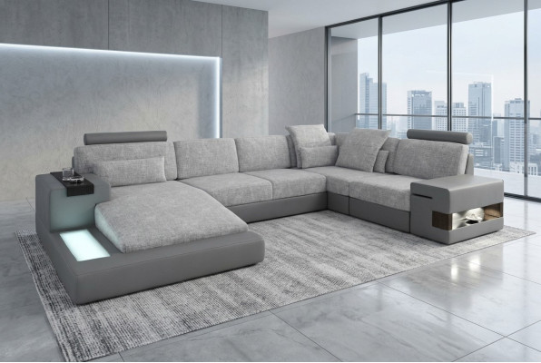 Narożnikowa kanapa Żywy krajobraz U Shape Sofa skórzana Sofa Podkładka Couch Materiał Skóra USB + LED
