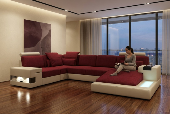 XXL Narożnikowa kanapa Skórzana sofa w kształcie litery U Sofa Podkładka Kanapa Skóra Włókienniczy USB Żywy krajobraz