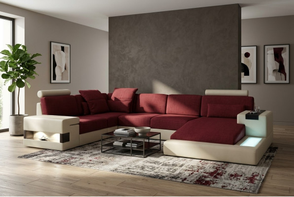 XXL Narożnikowa kanapa Skórzana sofa w kształcie litery U Sofa Podkładka Kanapa Skóra Włókienniczy USB Żywy krajobraz