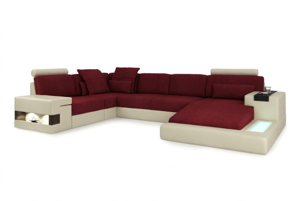 XXL Narożnikowa kanapa Skórzana sofa w kształcie litery U Sofa Podkładka Kanapa Skóra Włókienniczy USB Żywy krajobraz