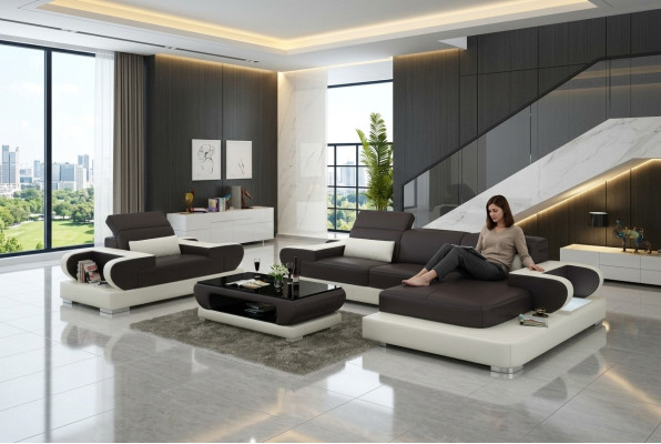 Design XXL Duża Sofa Narożnikowa kanapa z USB Ledersofa Couch Podkładka Narożnik Żywy krajobraz