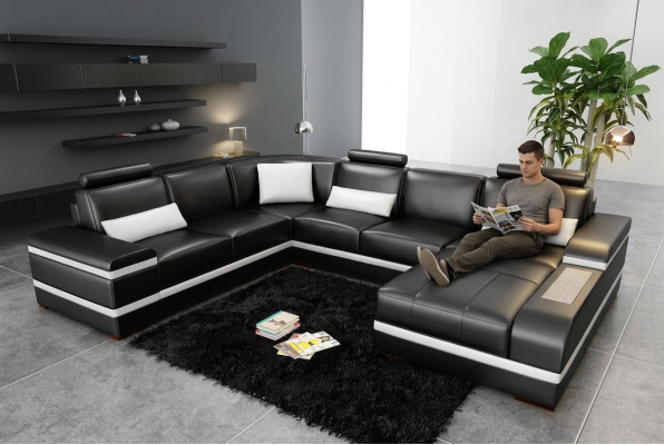 Narożnikowa kanapa skórzana z USB Big XXL w kształcie litery U Żywy krajobraz sofa kanapa Ustawić LED