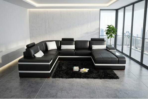 Narożnikowa kanapa skórzana z USB Big XXL w kształcie litery U Żywy krajobraz sofa kanapa Ustawić LED