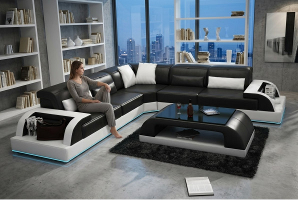 Skórzana sofa kanapa Żywy krajobraz Narożnik kanapa Narożnik Ustaw Design Nowoczesna Sofa USB Biały