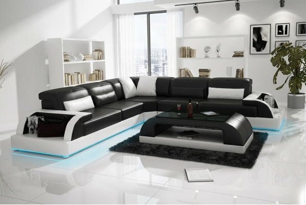 Skórzana sofa kanapa Żywy krajobraz Narożnik kanapa Narożnik Ustaw Design Nowoczesna Sofa USB Biały