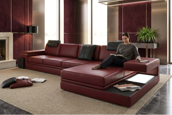 Red Design Sofa do salonu Materiał Sofa Podkładka Narożnik Włókienniczy Ustawić LED + USB