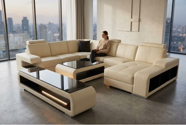 Nowoczesna kanapa narożna Żywy krajobraz Kanapa Tabela Kredens Sofa USB Zestaw narożny 3-częściowy.