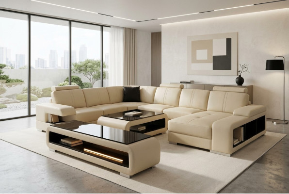 Nowoczesna kanapa narożna Żywy krajobraz Kanapa Tabela Kredens Sofa USB Zestaw narożny 3-częściowy.