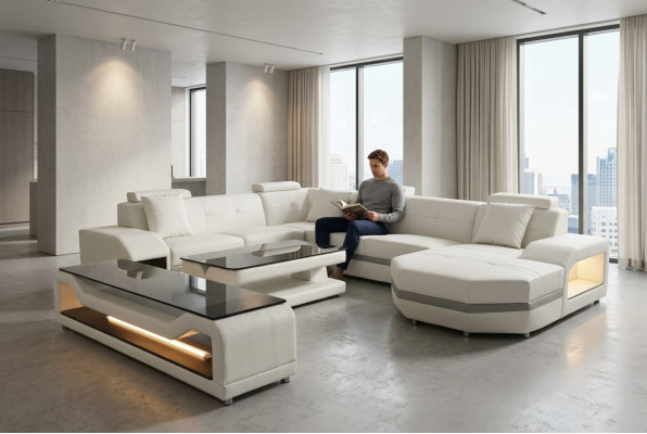 Skóra Sofa Kanapa Podkładka Narożnik Siedziba Ustaw Żywy krajobraz U Shape couchen +USB