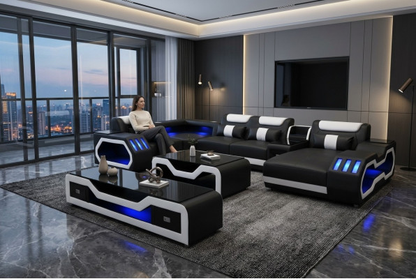 Skóra Sofy Narożnik Ustawić Design Sofa Żywy krajobraz + Kanapa Tabela + RTV USB Nowość