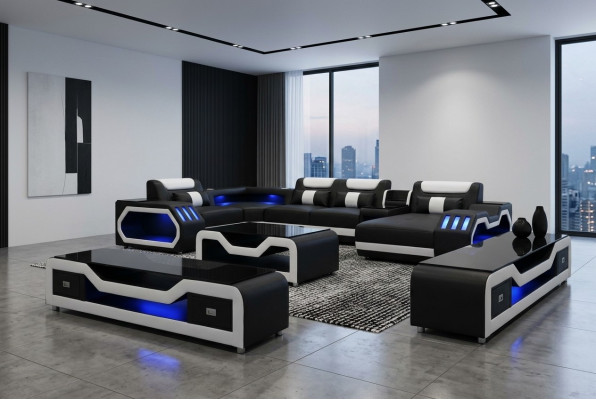 Skóra Sofy Narożnik Ustawić Design Sofa Żywy krajobraz + Kanapa Tabela + RTV USB Nowość