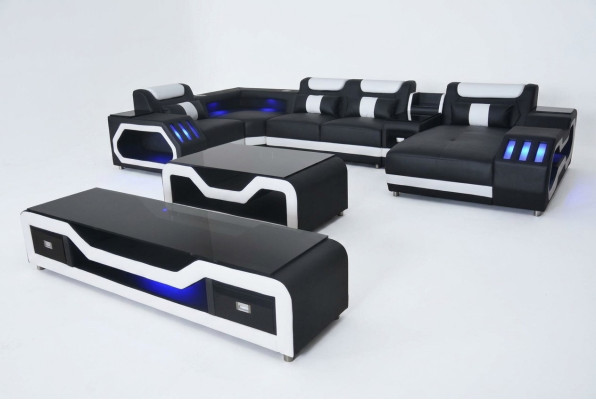 Skóra Sofy Narożnik Ustawić Design Sofa Żywy krajobraz + Kanapa Tabela + RTV USB Nowość