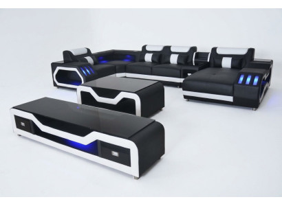 Skóra Sofy Narożnik Ustawić Design Sofa Żywy krajobraz + Kanapa Tabela + RTV USB Nowość