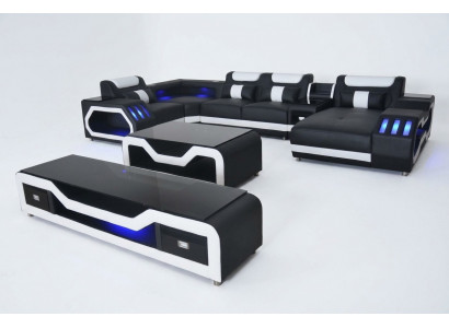 Skóra Sofy Narożnik Ustawić Design Sofa Żywy krajobraz + Kanapa Tabela + RTV USB Nowość