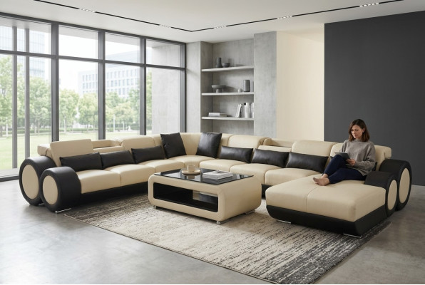 Skórzana sofa Żywy krajobraz Ustawić Design Nowoczesna Narożnik Sofa Kształt U G8035+USB