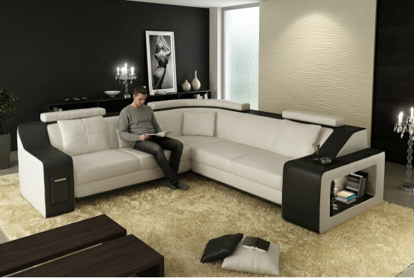 Narożnikowa kanapa Skóra Włókienniczy Sofa Kanapa USB Podkładka Żywy krajobraz L Ustawić Siedziba Nowy
