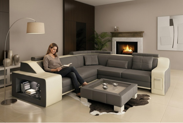 Narożnikowa kanapa Skóra Włókienniczy Sofa z USB Podkładka Żywy krajobraz L Ustawić Siedziba Isching