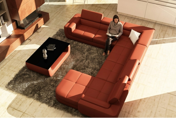 Podkładka Sofa skórzana Sofa + USB Żywy krajobraz U Form XXL Duża pomarańczowa kanapa Narożnikowa kanapa
