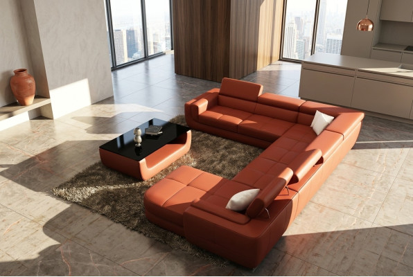 Podkładka Sofa skórzana Sofa + USB Żywy krajobraz U Form XXL Duża pomarańczowa kanapa Narożnikowa kanapa
