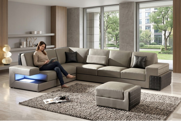 Nowoczesna Narożnikowa kanapa + USB Podkładka Siedziba Skóra Design Sofa Ustawić Żywy krajobraz Nowy