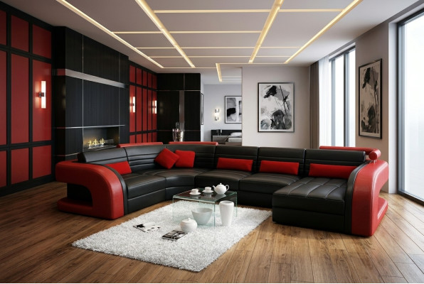 Skórzana sofa USB Żywy krajobraz Garnitue tapicerowana narożnikowa sofa U w kształcie Bergamo