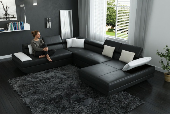 Skórzana sofa sofa z USB Podkładka Narożnik Ustaw Żywy krajobraz XXL Duża Narożnikowa kanapa 2719D