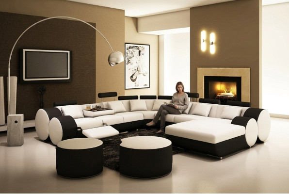 Designerska skórzana sofa z USB XXL Żywy krajobraz Big Sofa narożnik tapicerowany Narożnikowa kanapa Relaks