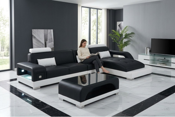 Skóra Narożnik Sofa z USB Żywy krajobraz Luksusowy Ustaw Narożnik Sofy Kanapy Podkładka