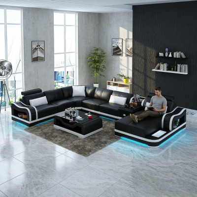 Sofa skórzana + kanapa USB Żywy krajobraz Narożnikowa kanapa Ustawić Design Modern Sofa Couches