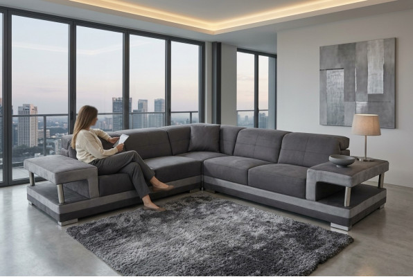 Skóra Narożnik Sofa z USB Podkładka Żywy krajobraz Luksusowy Ustaw Narożnik Sofy Kanapy