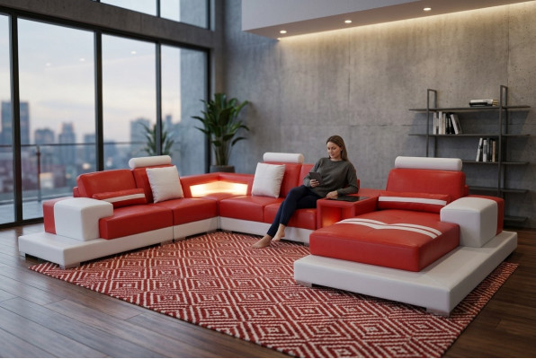Skórzana Sofa Kanapa Żywy krajobraz Ustawić Design Nowoczesna Sofa Kształt U z USB Light