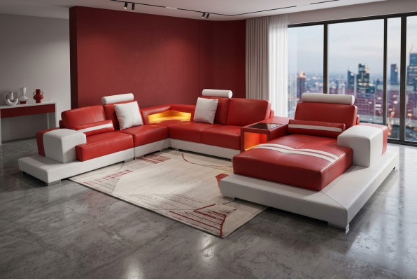 Skórzana Sofa Kanapa Żywy krajobraz Ustawić Design Nowoczesna Sofa Kształt U z USB Light