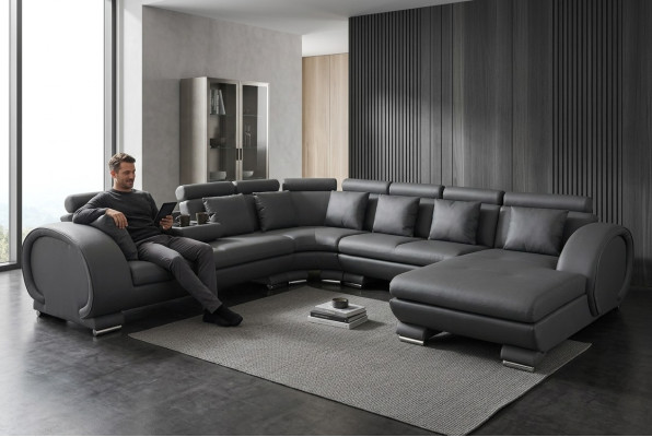 Narożnik Skóra Sofa + Kanapa USB Podkładka Siedziba Żywy krajobraz Design XXL U Shape Ustawić